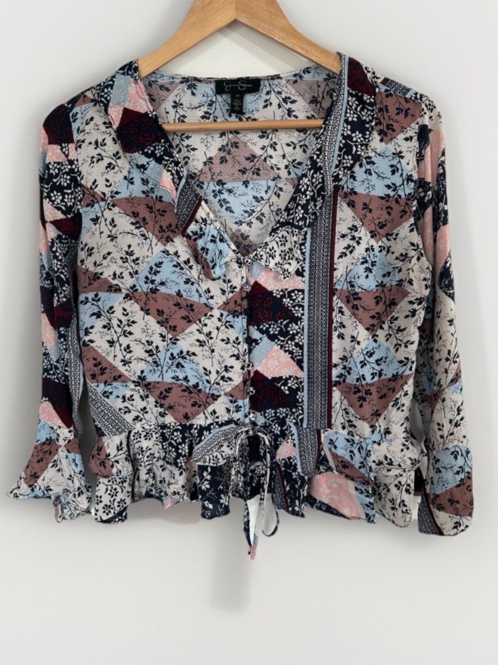 Jessica Simpson Boho Hippie Floral Crop Top Size M V Neck Drawstring Button